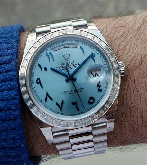 rolex day date arabic numerals|rolex day date arabic dial.